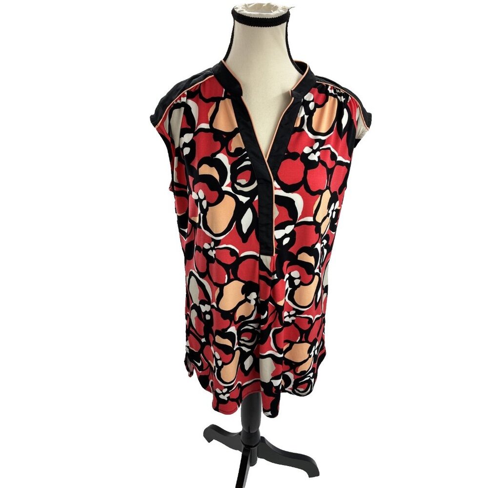 Worthington Womens Size M Cap Sleeve Blouse Red Black Floral Print Tunic Top